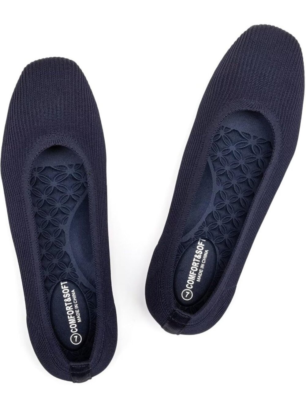 Women's Navy Square Toe Flat Fly Knitted Fabric Comfortable Knitted Shoes